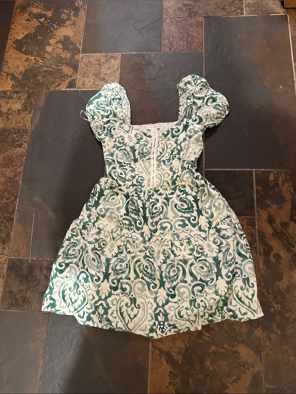 House of Harlow 1960 Green and White Floral Puff Sleeve Mini Dress xs
